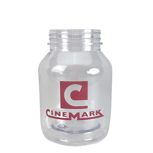 Clear Cinemark-branded plastic jar with red logo on the front.