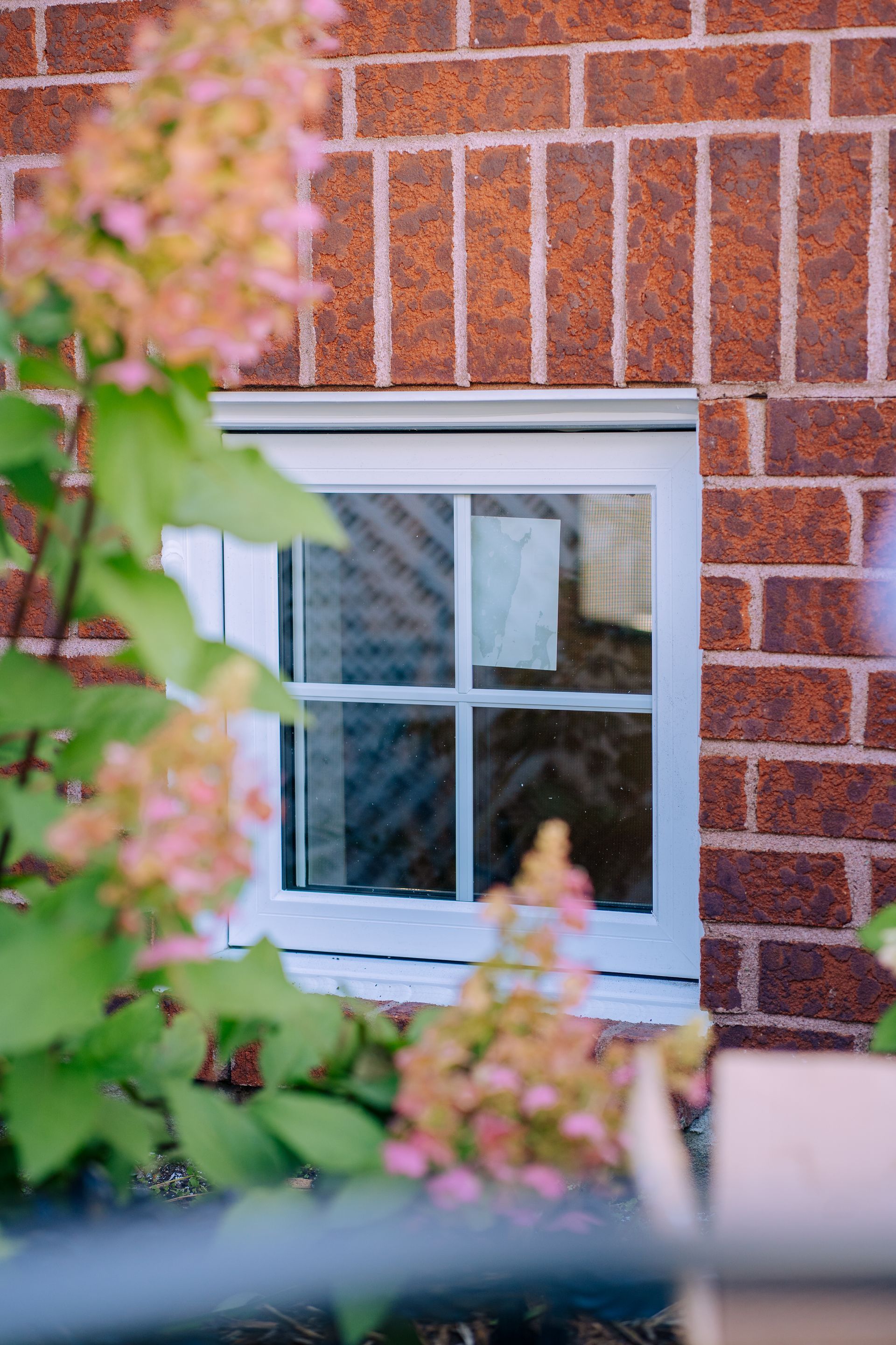 Fenêtre à cadre blanc sur un mur de briques rouges, avec des fleurs roses floues au premier plan.
