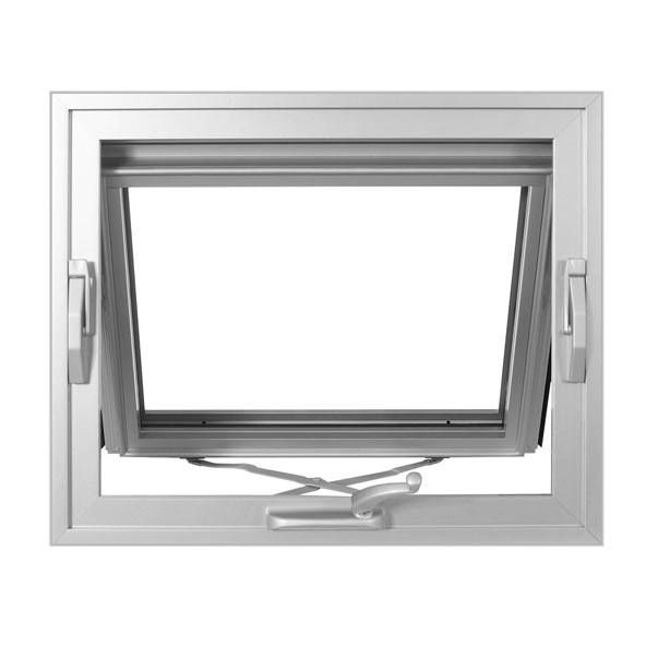 Tilted white casement window with metal frame and handle, partially open on a plain background
