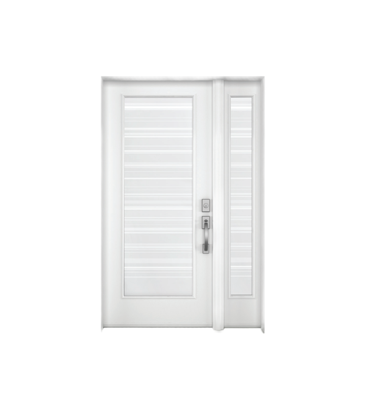 Porte d'entrée blanche avec deux impostes latérales étroites et une serrure à poignée centrale