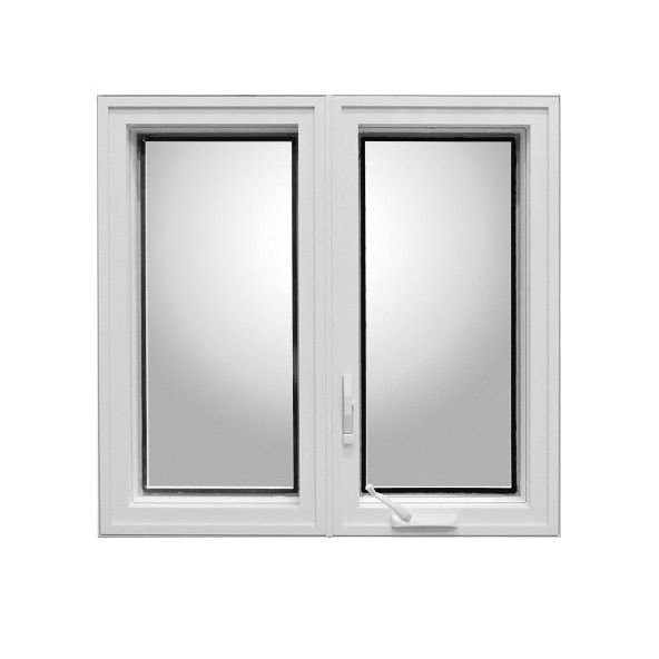 White double-pane casement window, one side slightly open with a handle and latch.