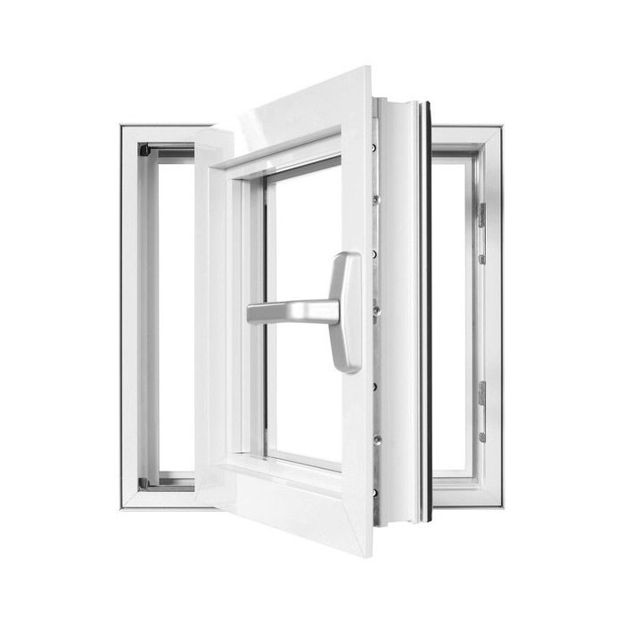 White casement window opened outward, showing a silver handle and frame hardware