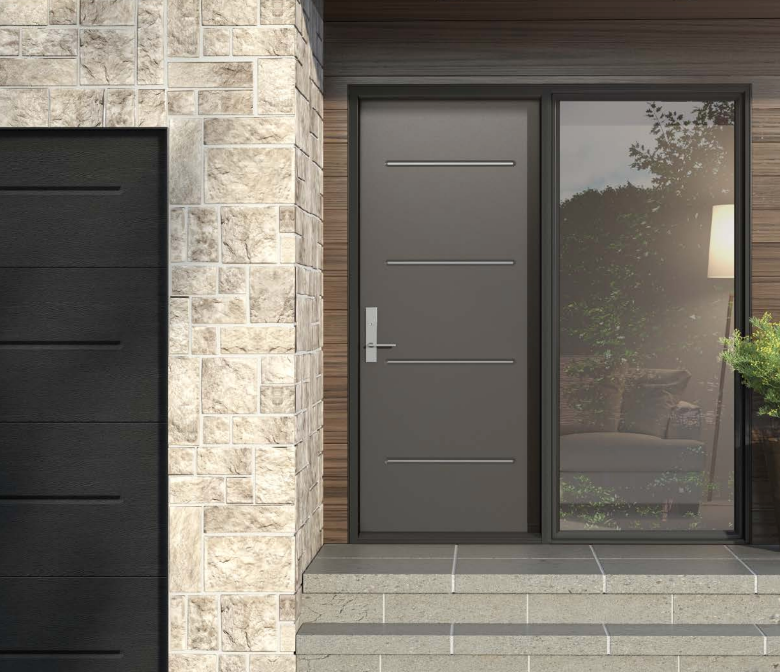 Entrée de maison moderne avec porte d'entrée grise, porte de garage noire, mur en pierre et imposte vitrée.