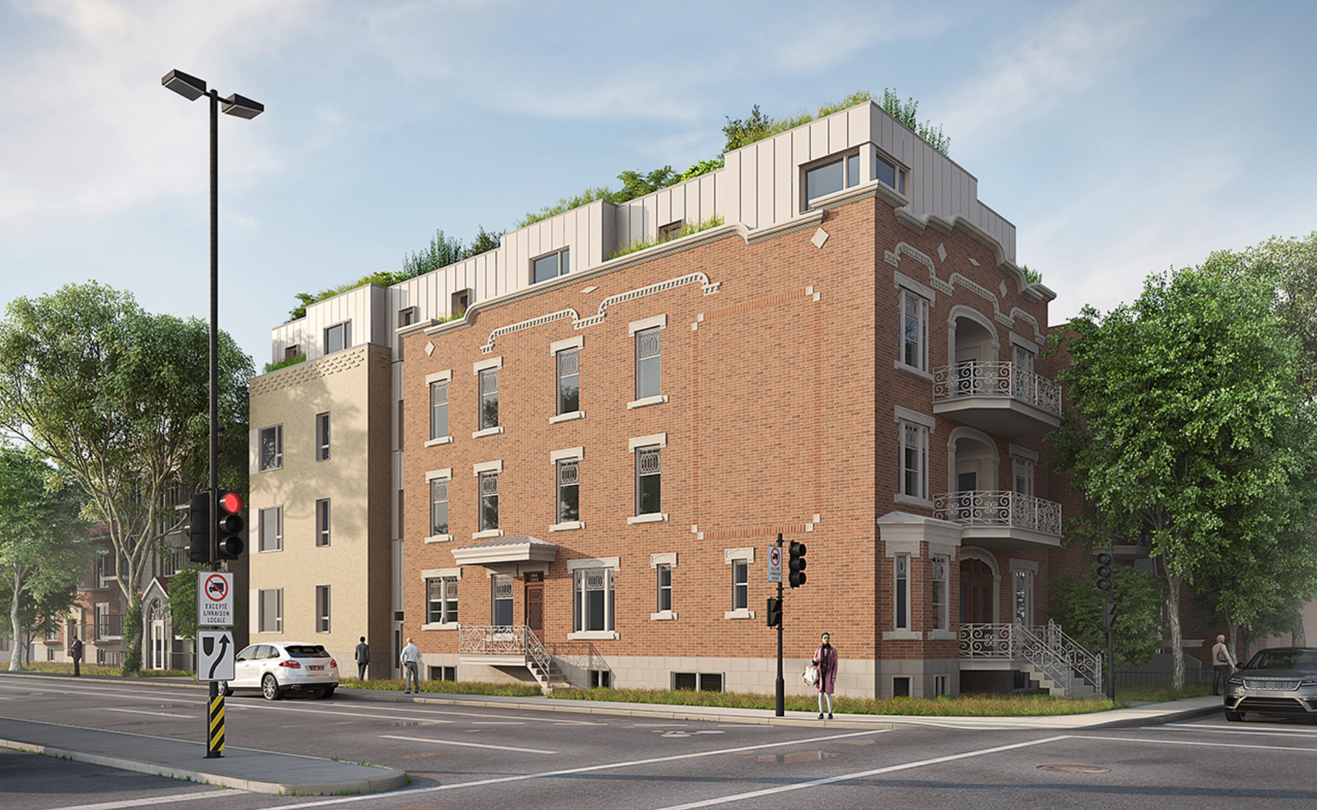 Immeuble d'angle en briques avec balcons et toiture végétalisée à un carrefour de la ville