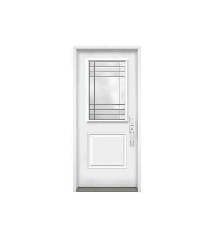 Porte extérieure blanche avec fenêtre et poignée argentée sur fond uni