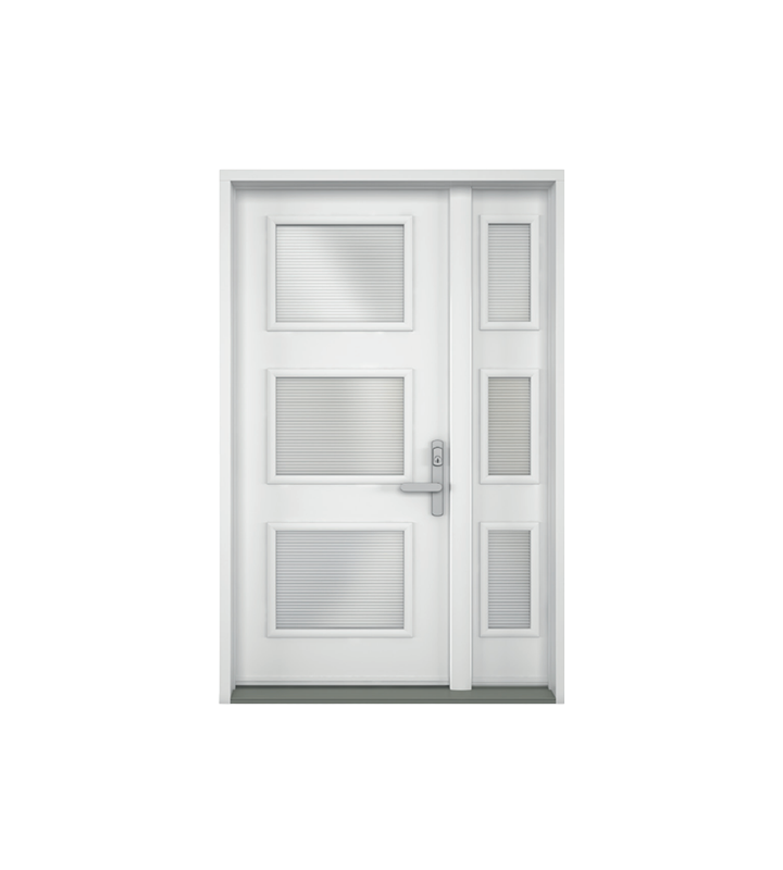 Porte d'entrée blanche moderne avec panneaux en verre dépoli et poignée argentée