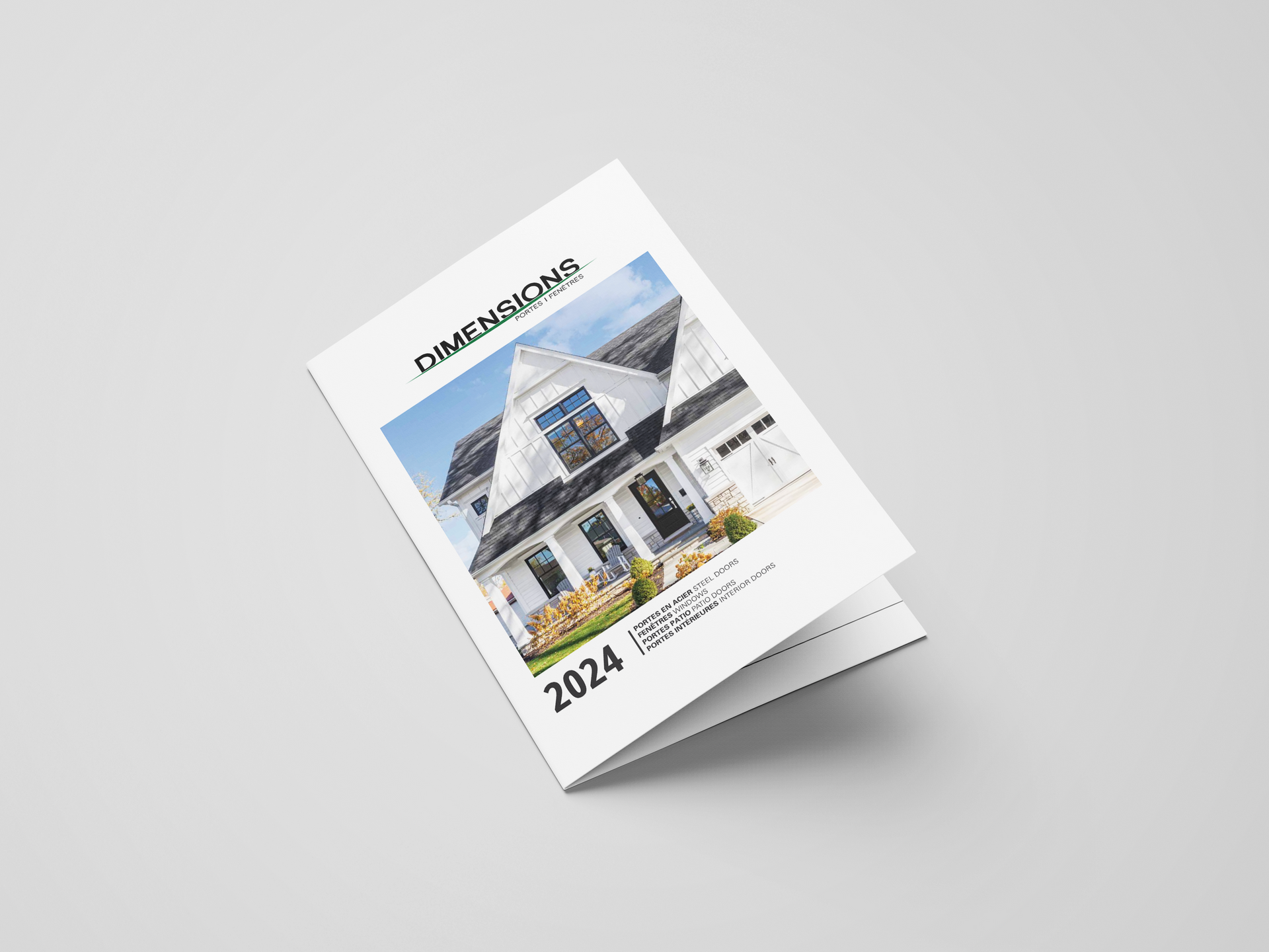Brochure ou livret incliné avec une couverture représentant un bâtiment moderne et l'année 2024 sur fond gris clair
