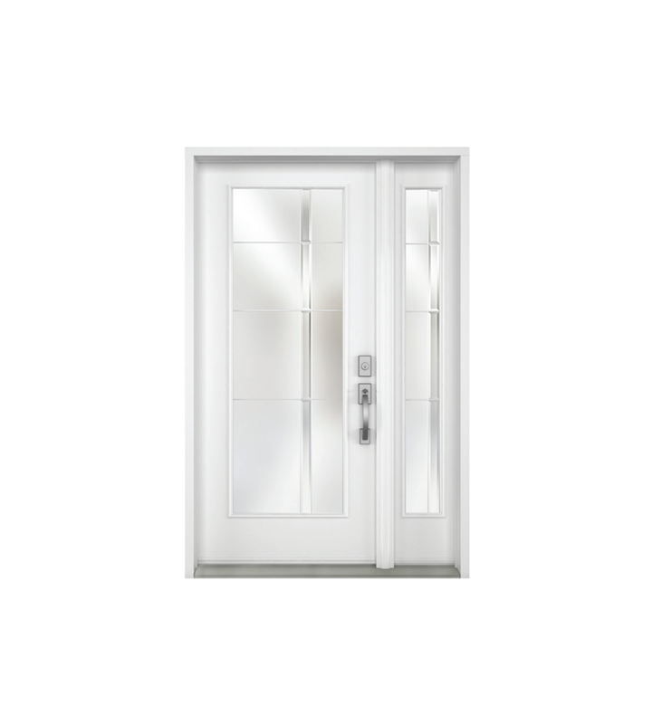 Porte d'entrée blanche avec imposte et panneaux de verre dépoli