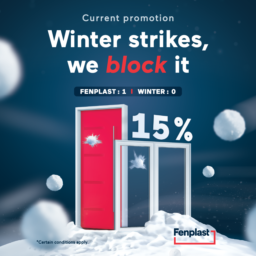 Winter promotion ad with red and blue windows, “we block it” text, and 15% discount amid snowballs
