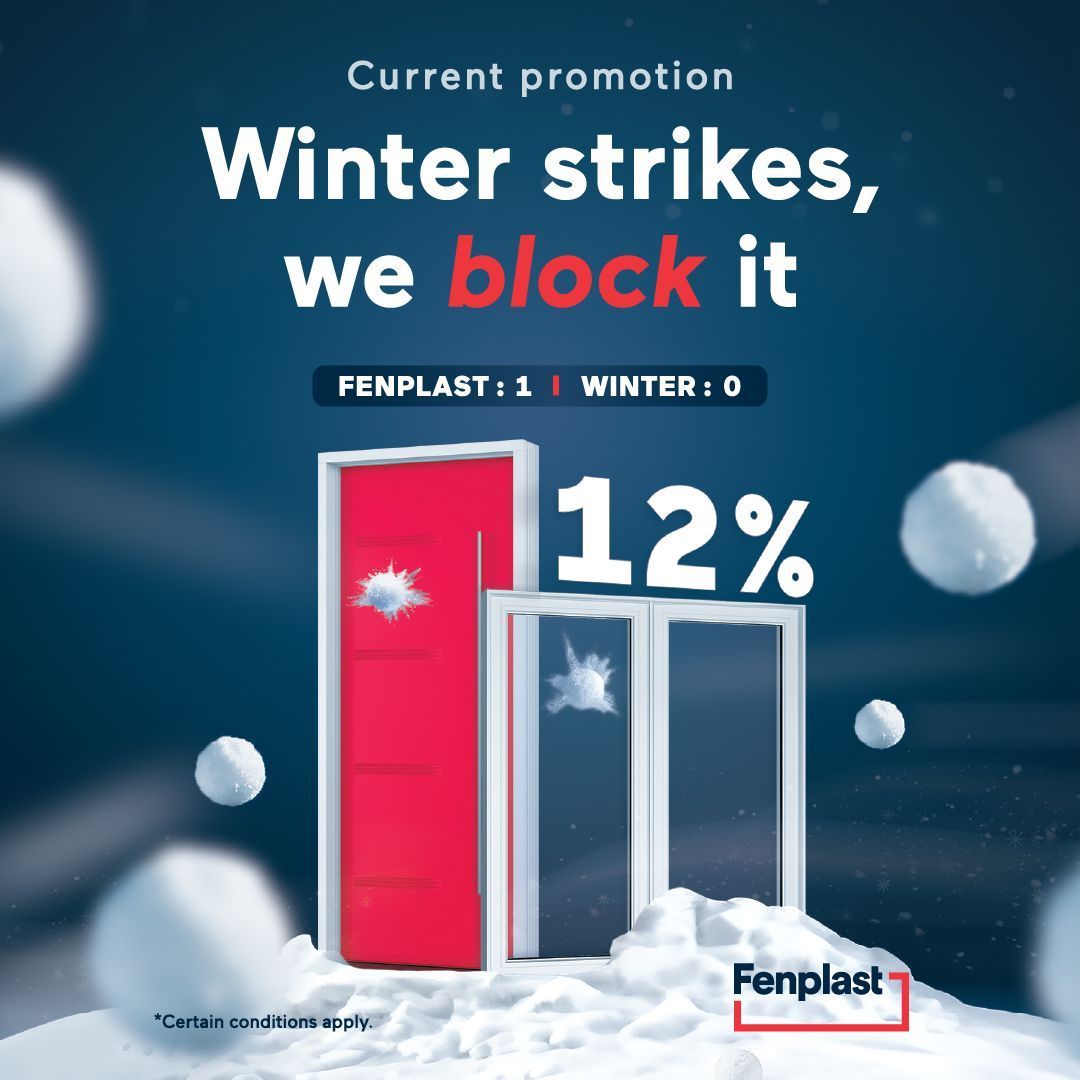 Winter promotion ad with red and blue blocks, snowflakes, and text “Winter strikes, we block it” and “12%”.