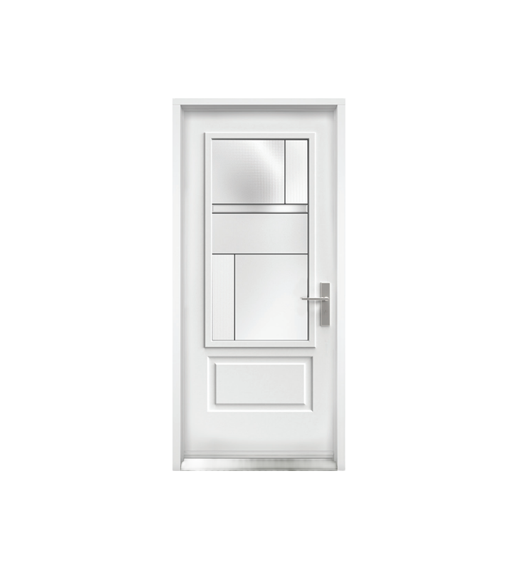 Porte à panneaux blancs avec vitres dépolies et poignée argentée.