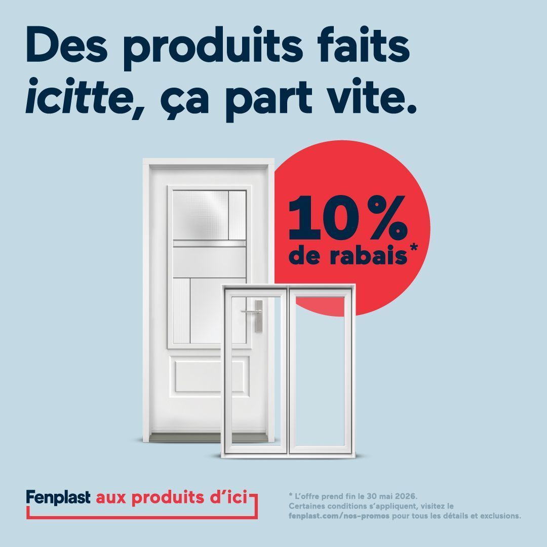Affiche promo Fenplast : porte et fenêtre blanches, pastille rouge « 10% de rabais » sur fond bleu.