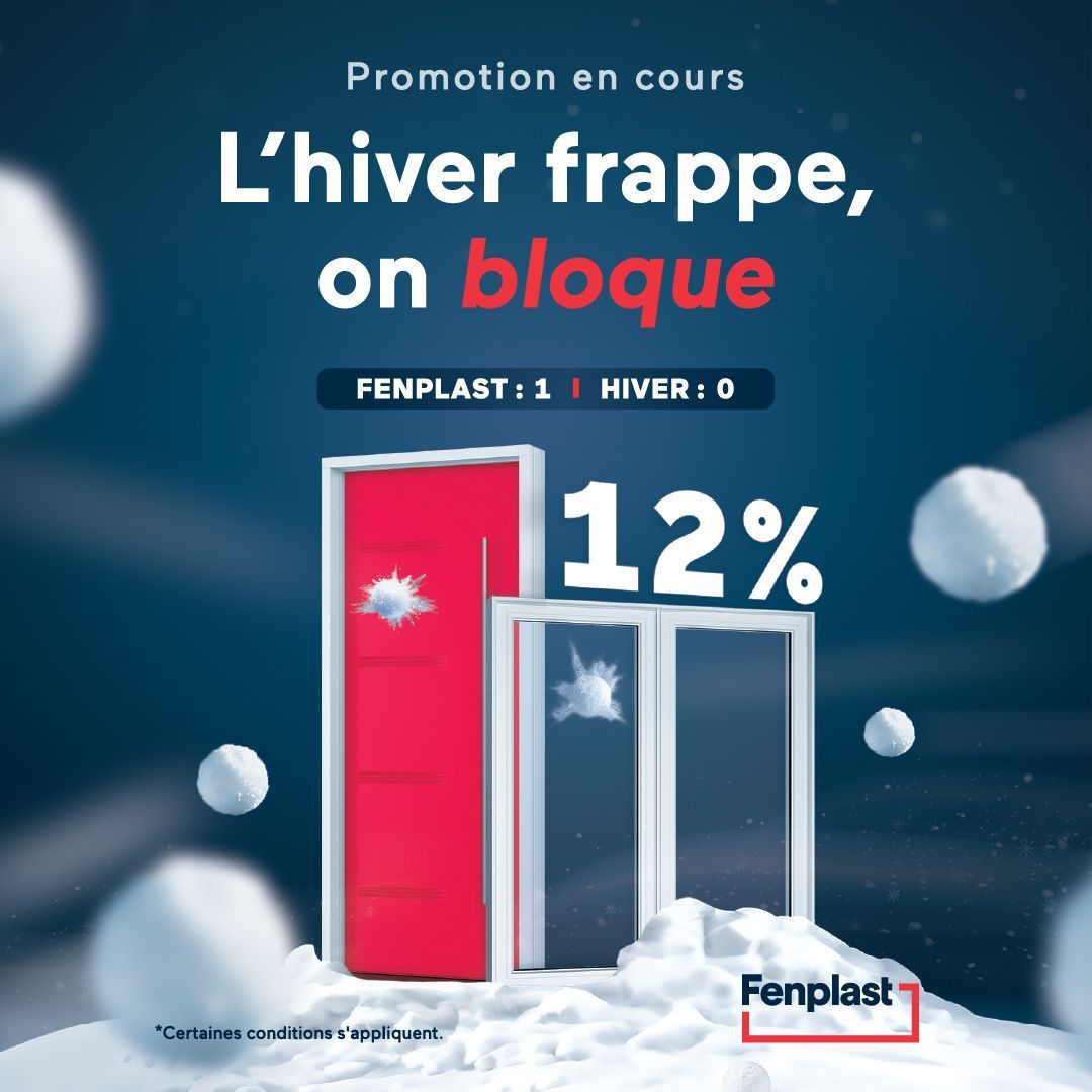 Publicité Fenplast: “L’hiver frappe, on bloque” avec portes et fenêtre en promo à 12% sur fond bleu neigeux