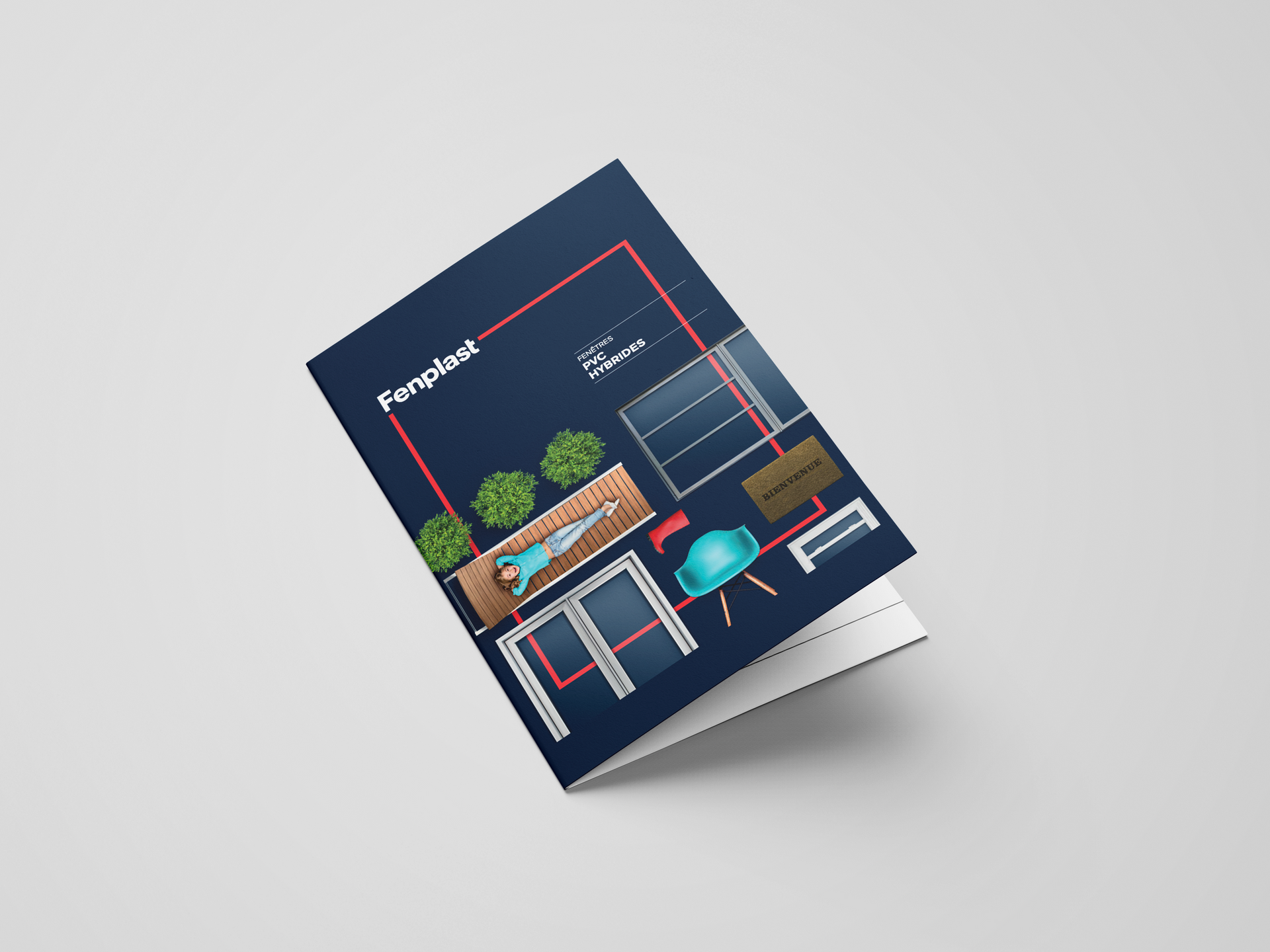 Brochure/maquette stylisée bleu foncé avec illustrations de pièces, une plante, un canapé et un lampadaire sur fond blanc