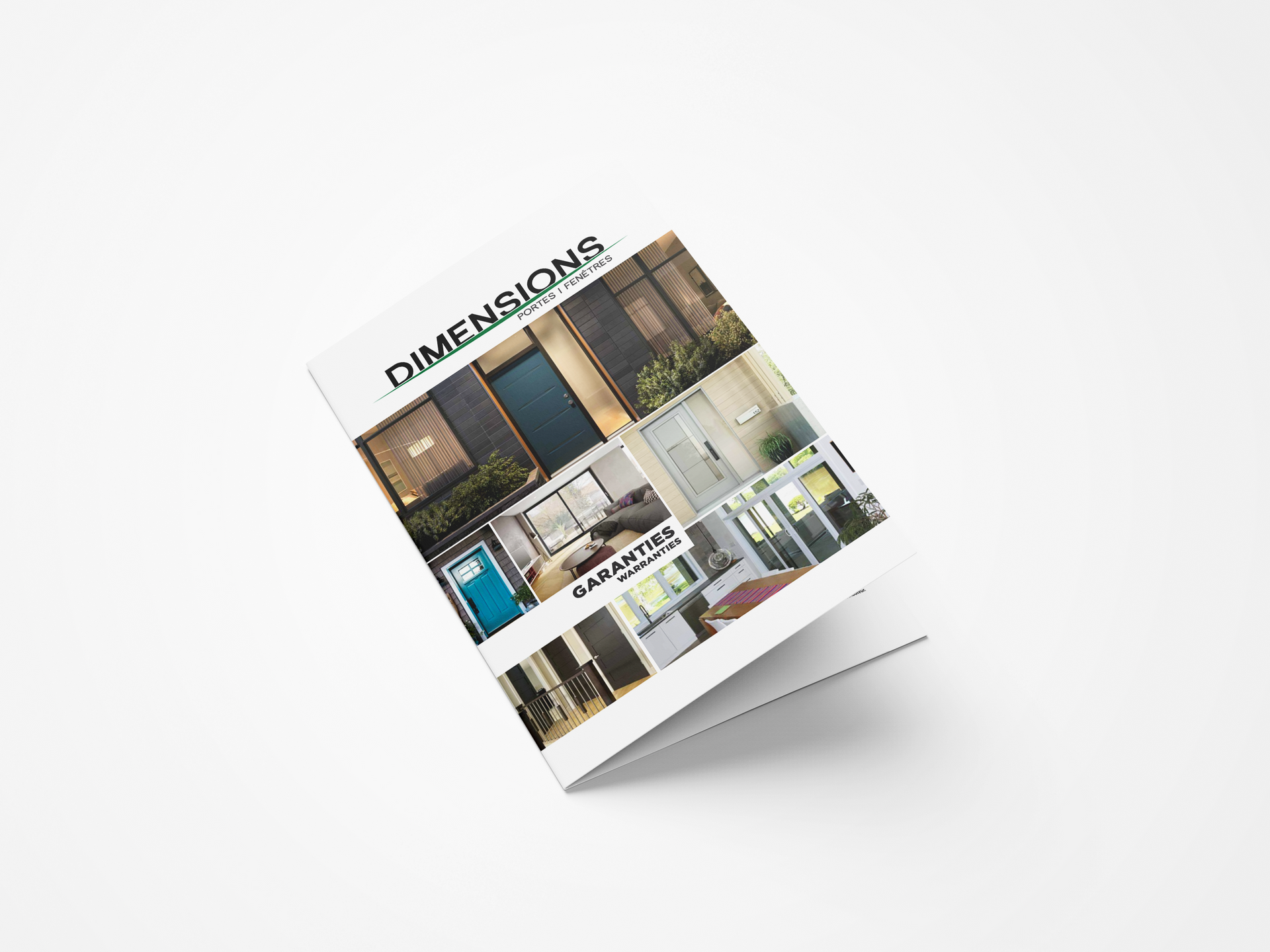Couverture de brochure inclinée intitulée « DIMENSIONS » avec un collage de photos de design d'intérieur sur fond blanc