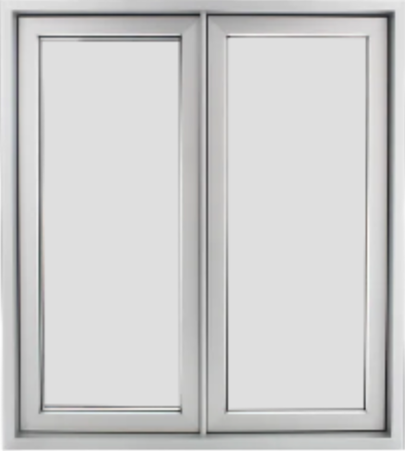 Two white cabinet doors with silver frames and panels