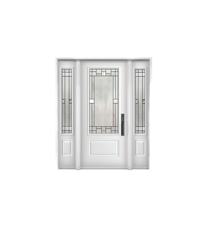 Porte d'entrée blanche avec panneaux latéraux en verre dépoli et panneau central en verre sur fond uni