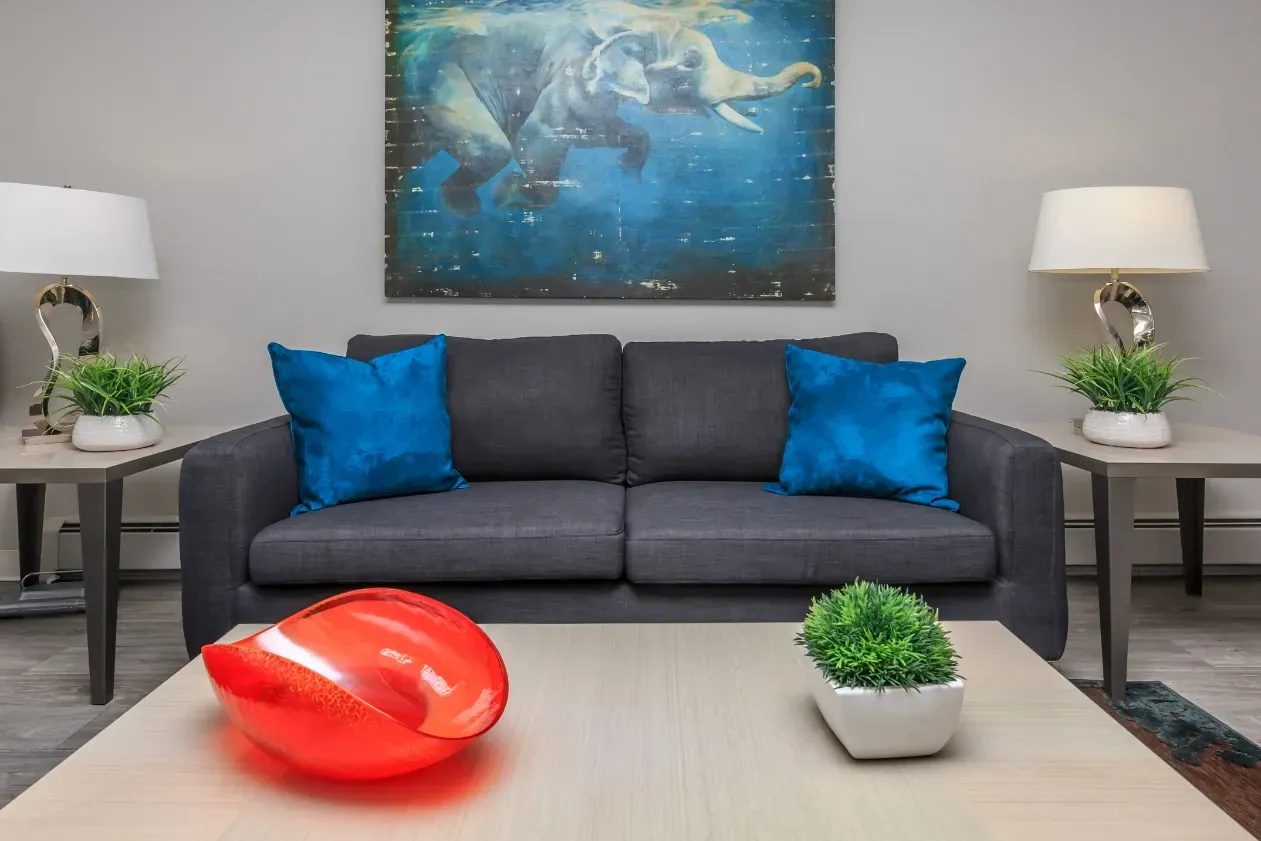 Living room with gray couch, blue accent pillows, and elephant art.