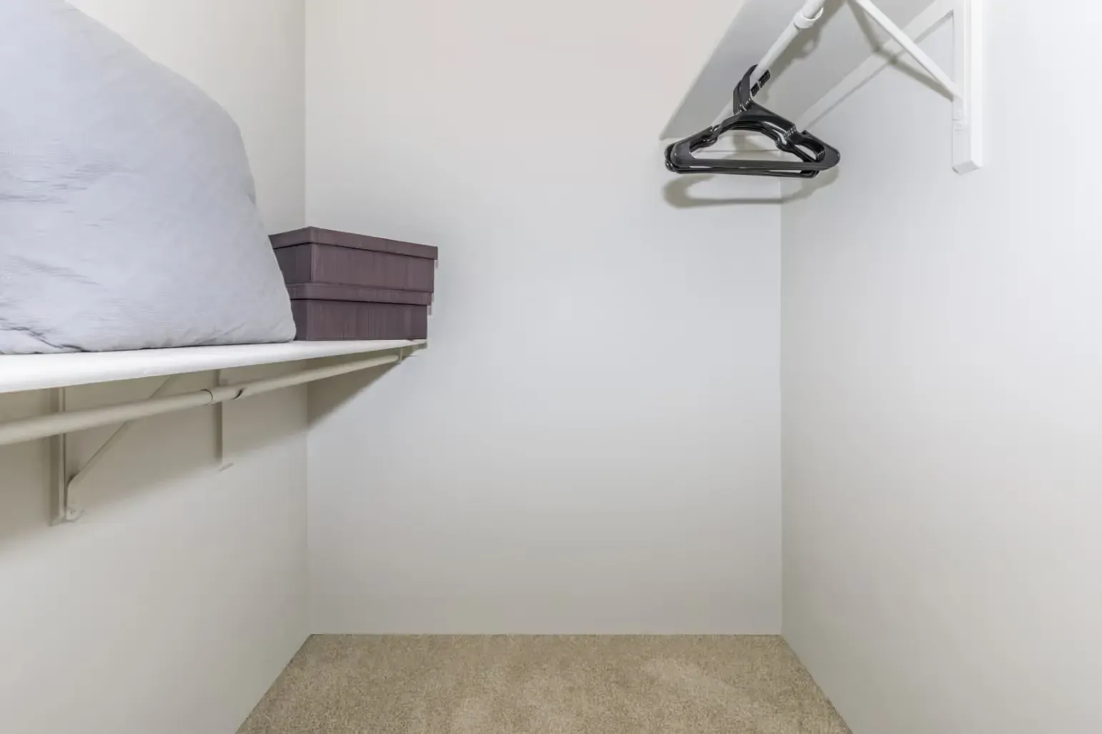 Empty closet with shelf and hanging rod.
