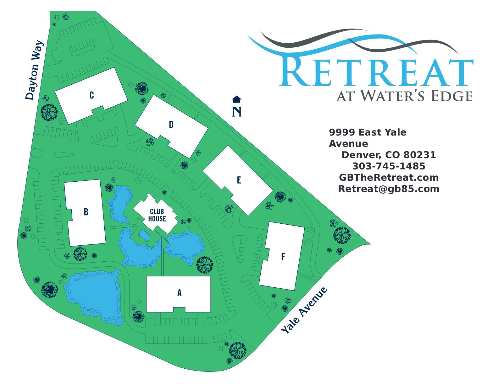 Retreat at Water’s Edge resort map with cabins, lake, roads, and logo on green site layout