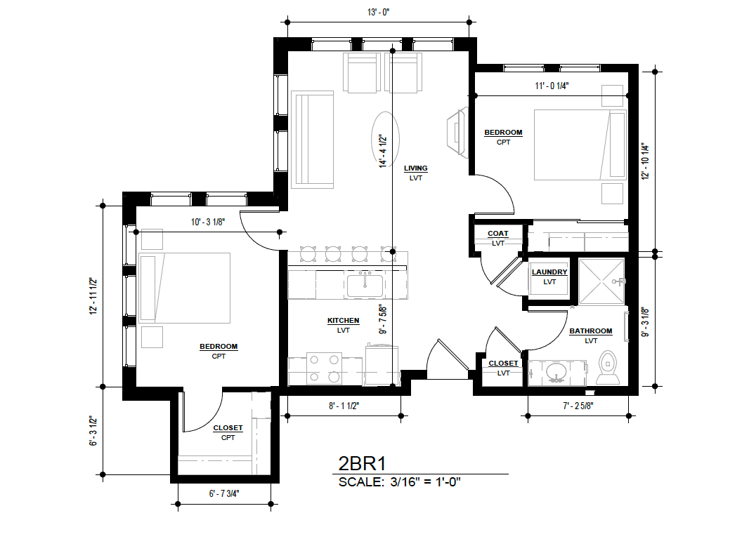 Black-and-white architectural floor plan of a house with labeled rooms and dimensions