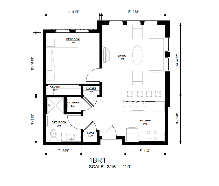 Floor plan of a one-bedroom apartment with kitchen, living area, bath, and closet.