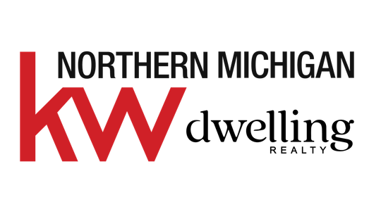 The logo for dwelling realty centers is red , white and black.