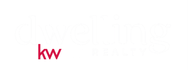 The logo for Dwelling Realty - KW Northern MI is red , white and black.