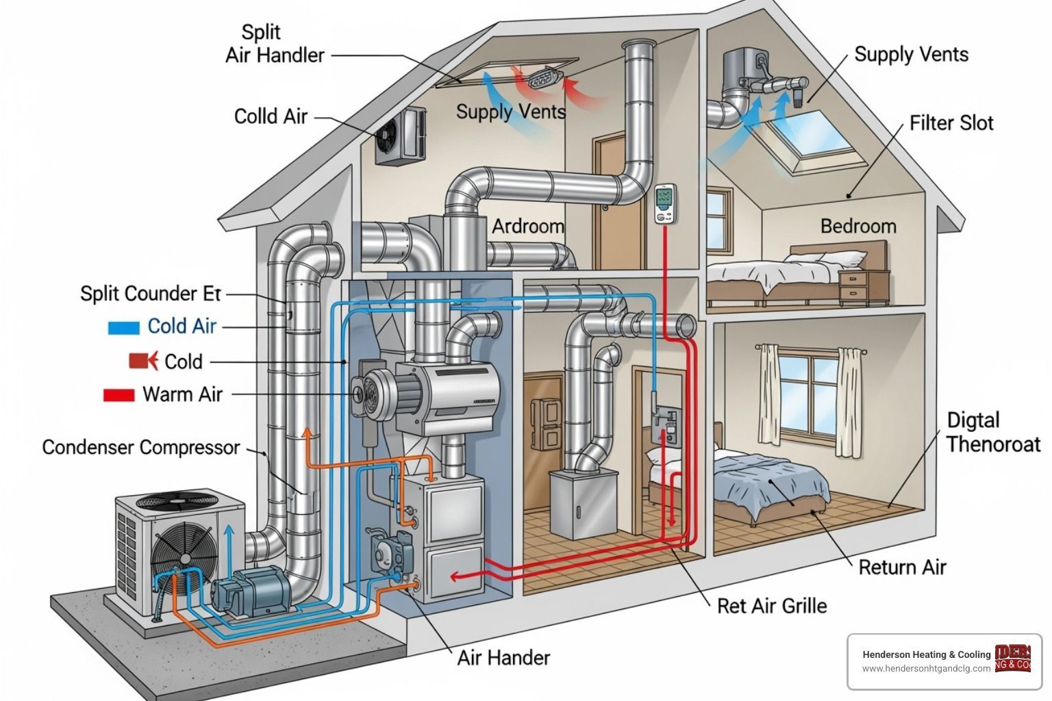 White industrial pipes and ducts running across a ceiling in a mechanical room