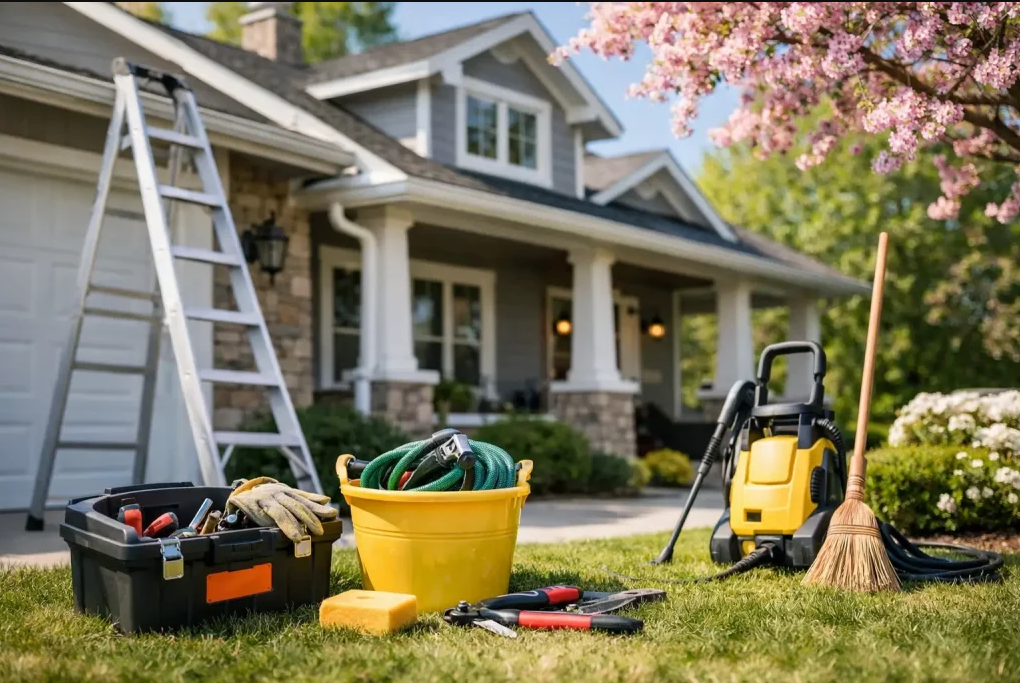 Exterior of a house under renovation with ladders, tools, and covered doors on a sunny patio