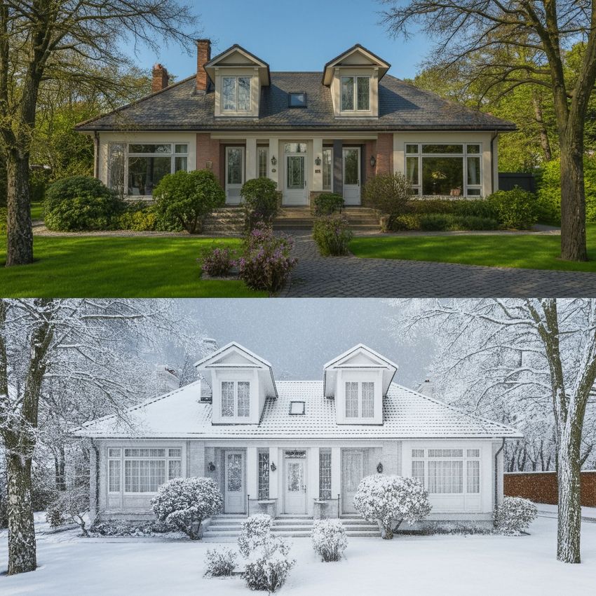 Red brick house with steep tiled roof behind a white picket fence