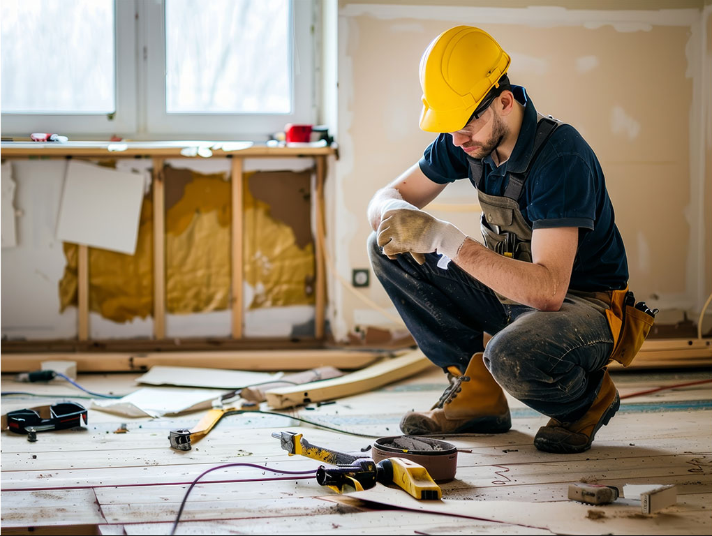 Power tools on a wooden deck while someone builds a rectangular frame outdoors