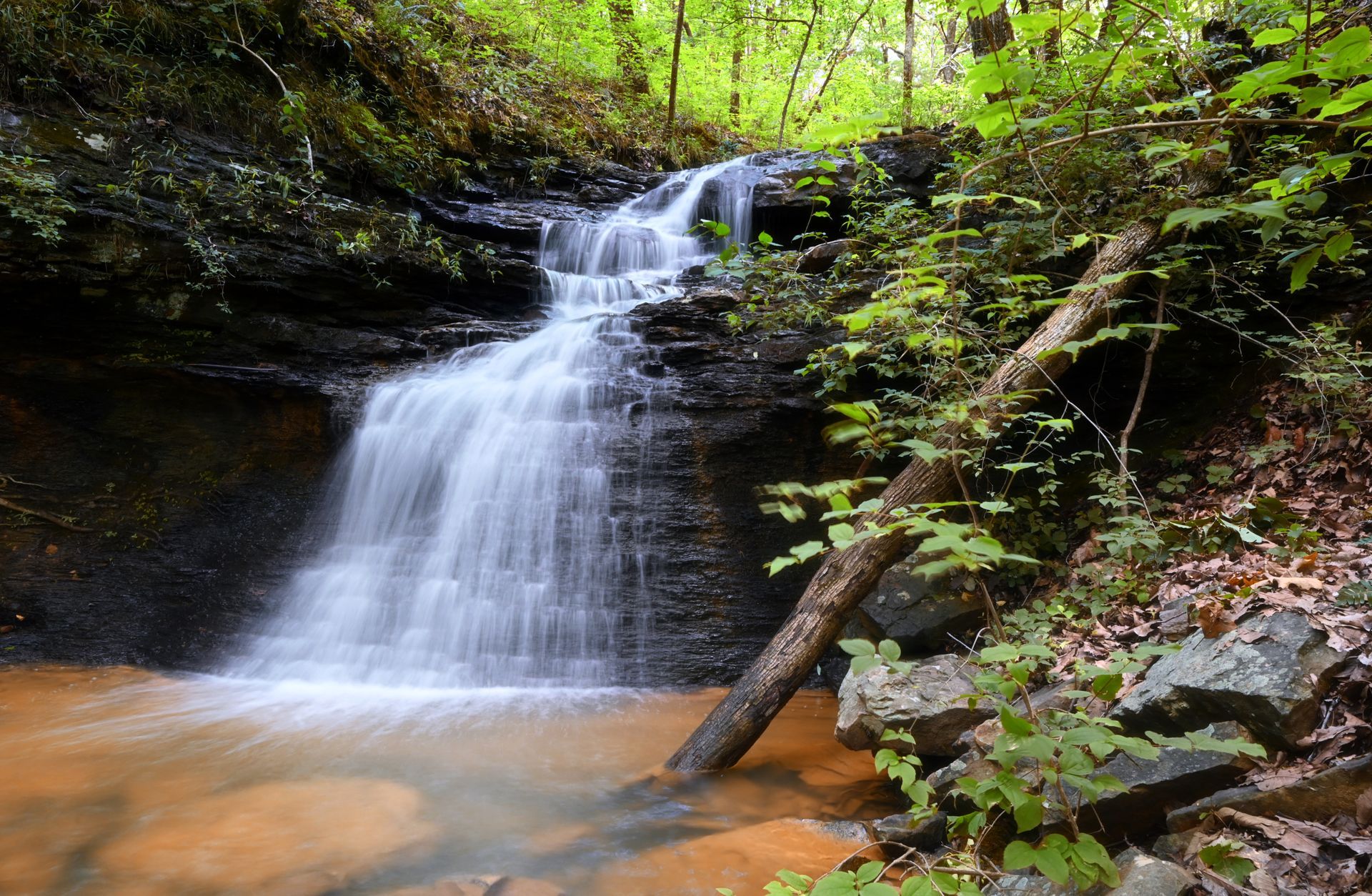 A small waterfall cascades over dark, layered rocks into a calm, orange-tinted pool in a lush forest.