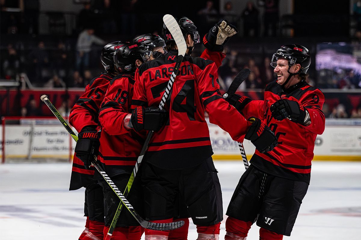 Hockey players in red jerseys celebrate a goal on the ice, cheering and embracing during a game.