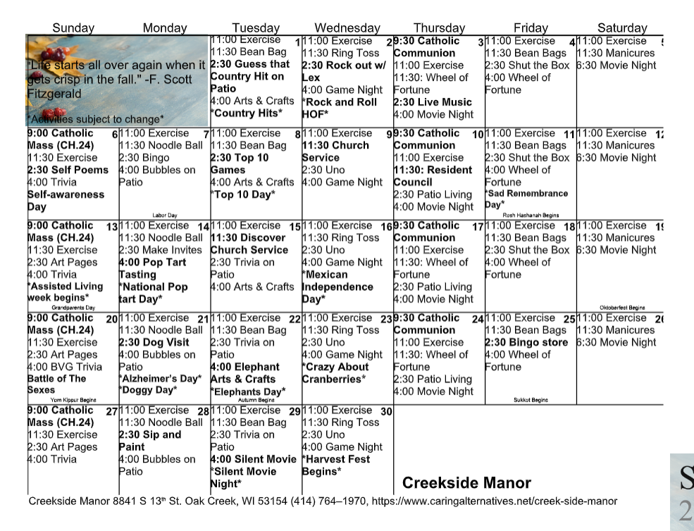 Monthly activity calendar for Creekside Manor, laid out in a grid with days, dates, and events.