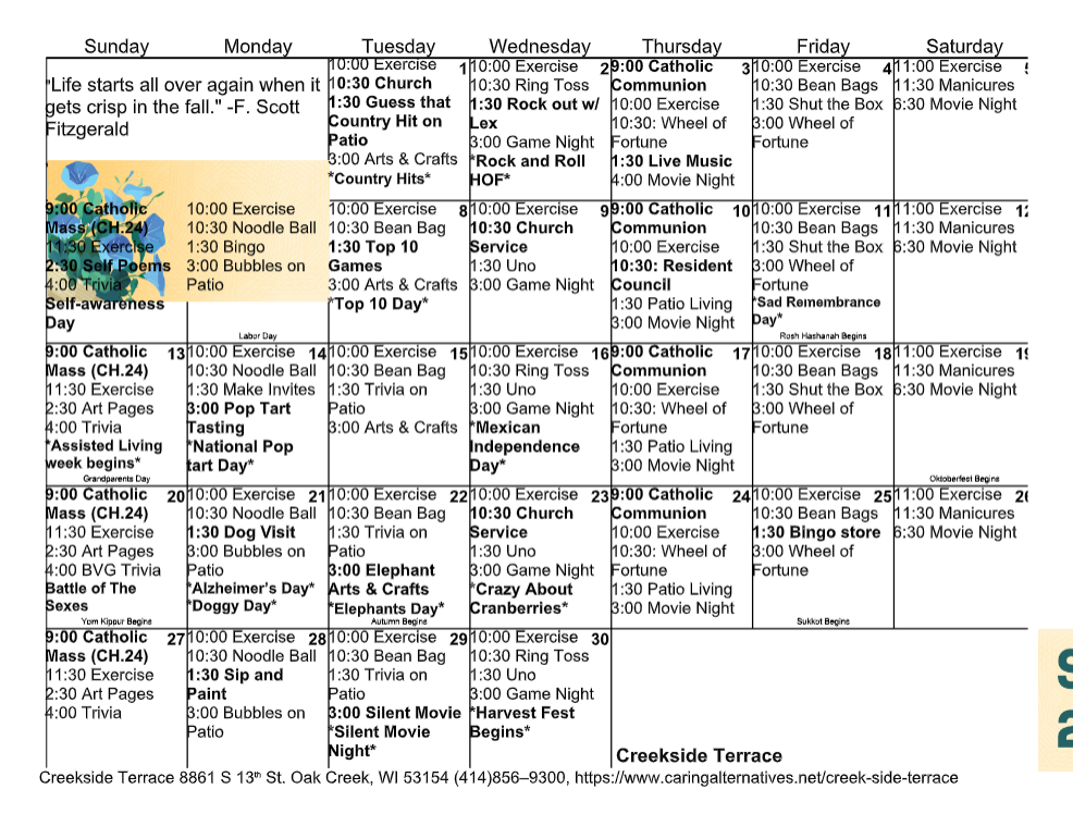 Weekly event calendar for Creakside Terrace with a small floral photo and contact details.