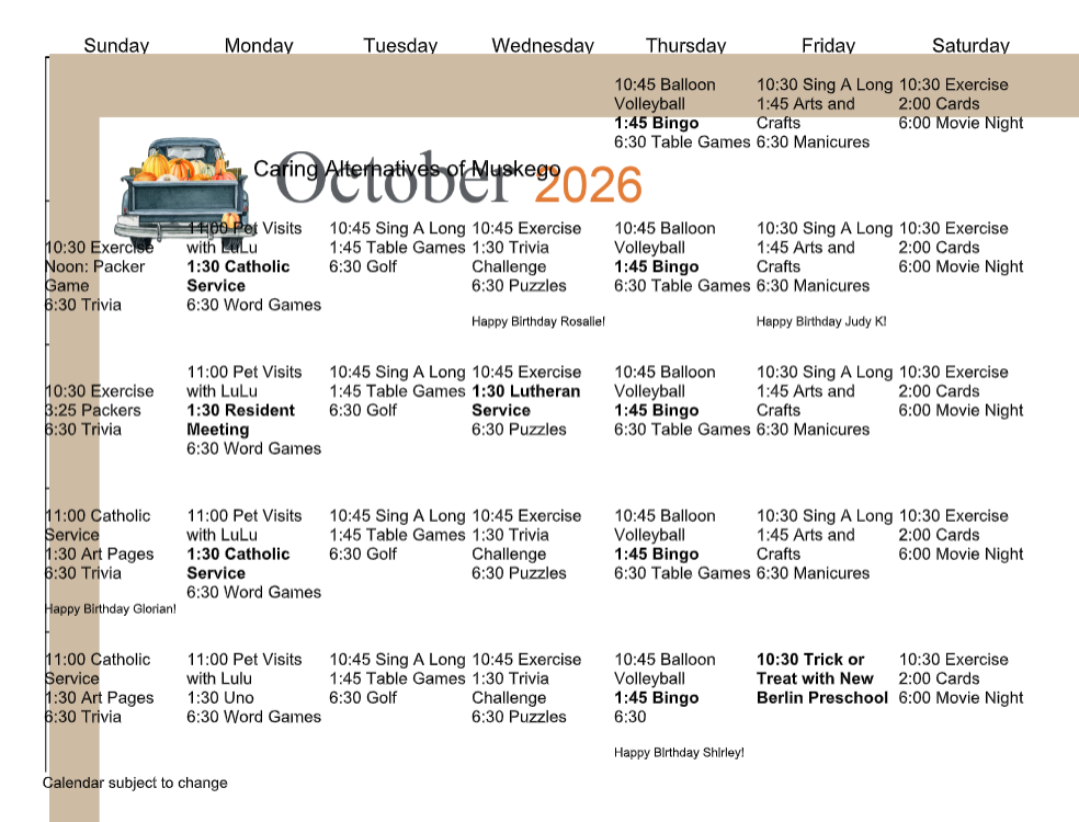 October 2026 service schedule calendar with weekly rows and vehicle maintenance entries
