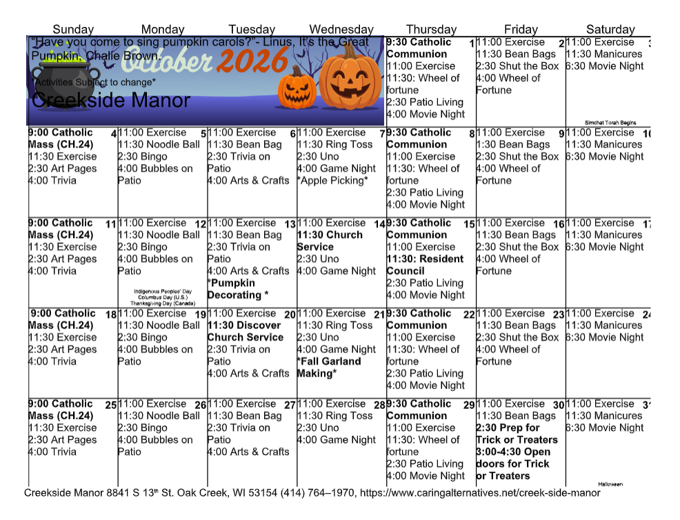 Calendar-style October 2026 vacation schedule with blue header and jack-o'-lantern graphics