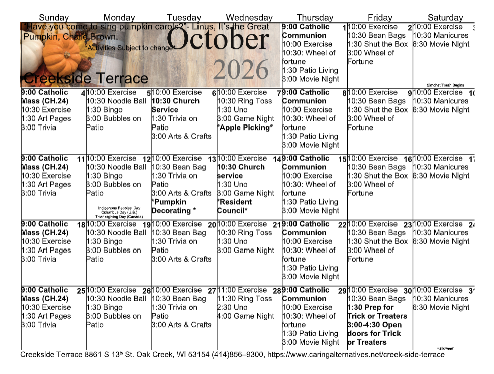 October 2026 calendar for a terrace community, with daily event listings in a grid.