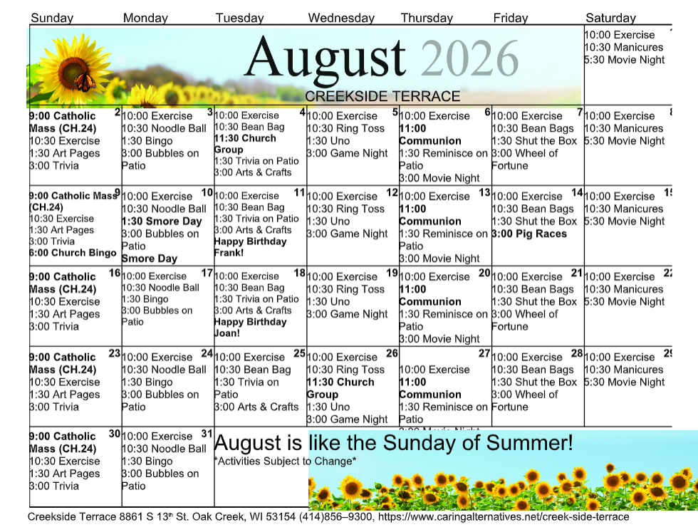 August 2026 community calendar with sunflower border and monthly events grid.