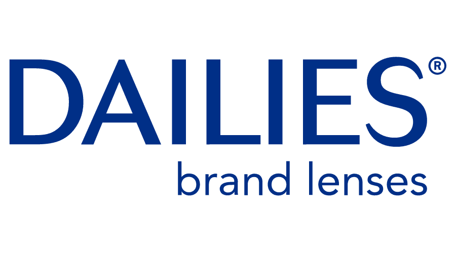 il logo delle lenti del marchio Dailies è blu e bianco su sfondo bianco.