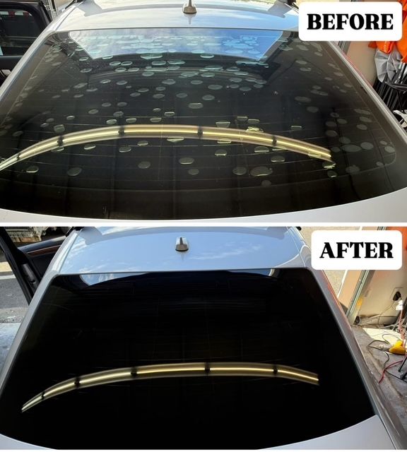 Before and after photos of a car's rear windshield, showing the removal of water spots. Before and after photos of a car's rear windshield, showing the removal of water spots.