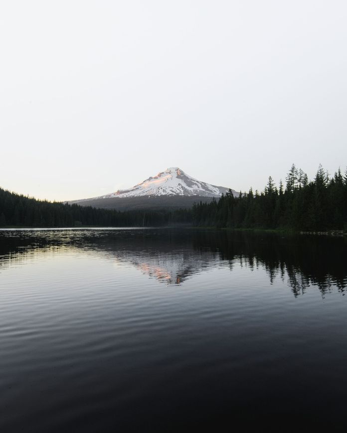 Snow-capped mountain reflected in a calm lake, framed by dark forest under an overcast sky.