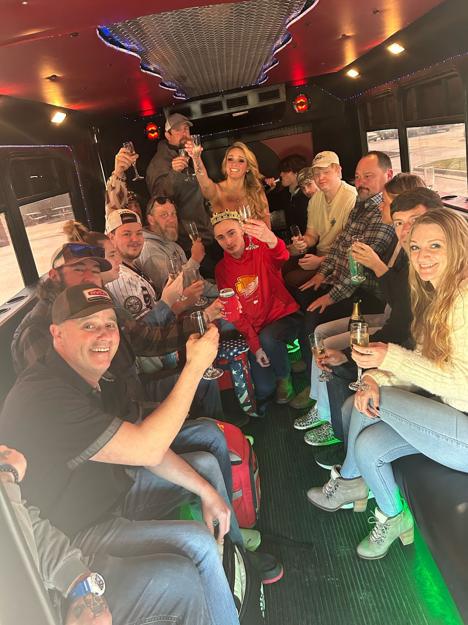 Customers celebrating inside the Great White Limo party bus.