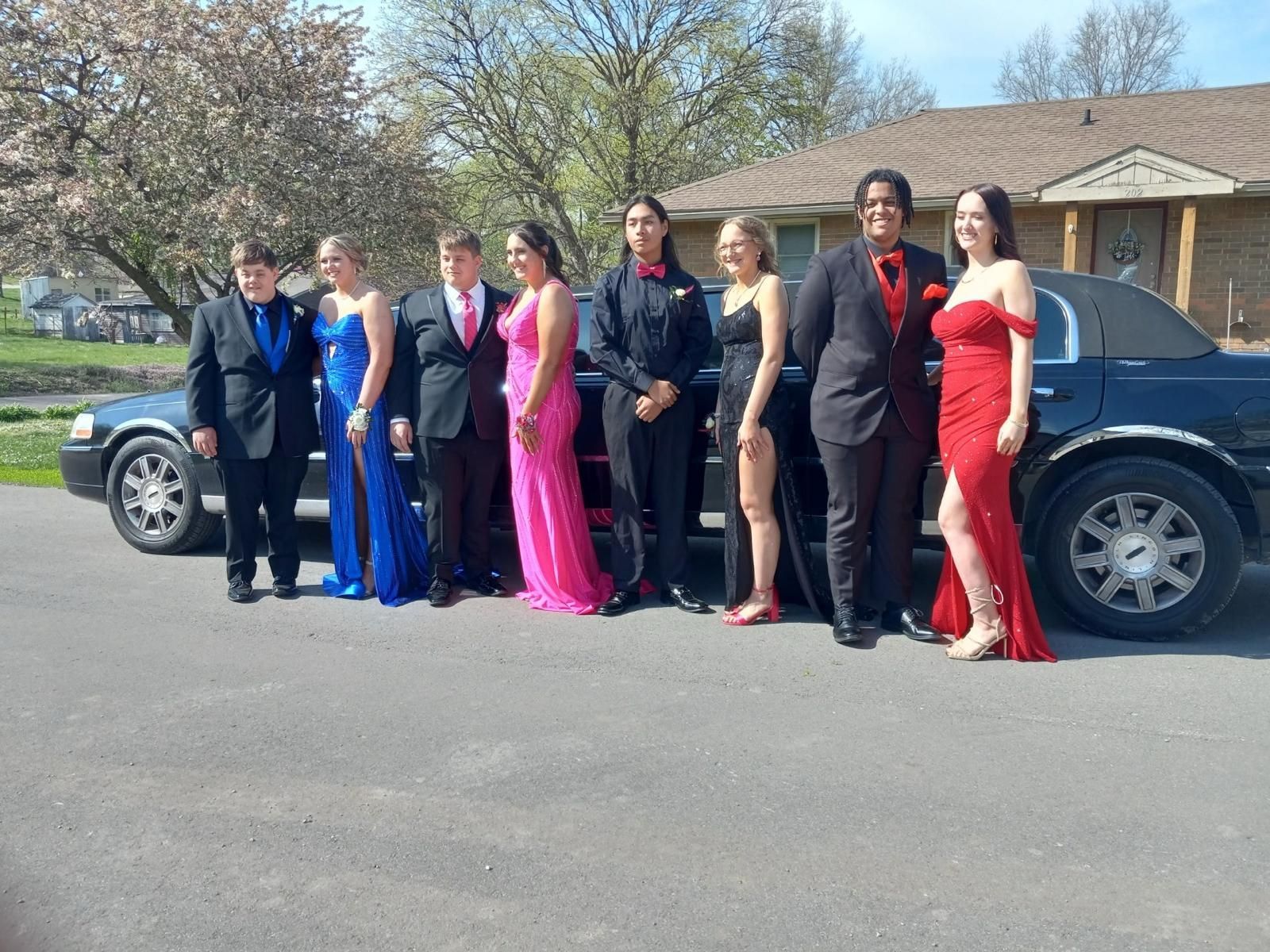 Prom group standing beside the black executive limousine