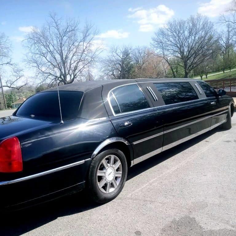 Black stretch limousine parked on a sunny street with trees and grass nearby.