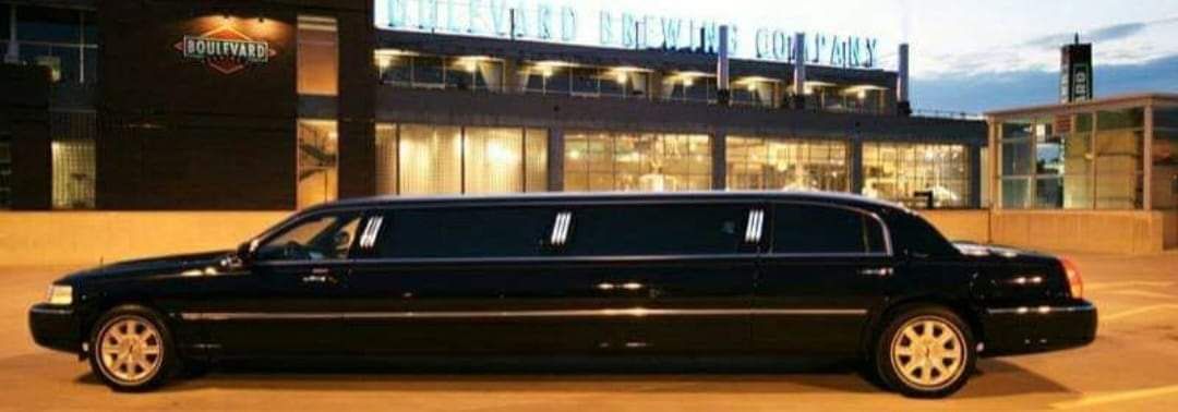 Black 10-passenger stretch limousine parked at night