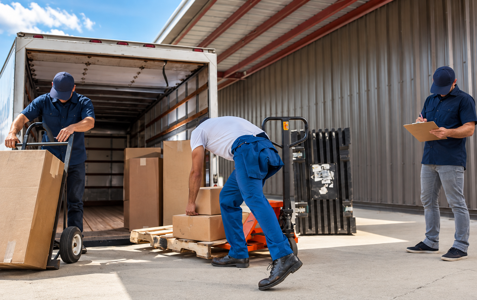 Workers loading boxes into a delivery truck at a warehouse loading dock