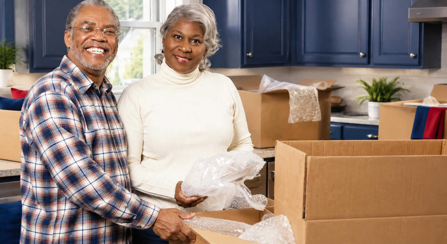 Smiling couple unpacking boxes in a kitchen with blue cabinets and cardboard moving boxes