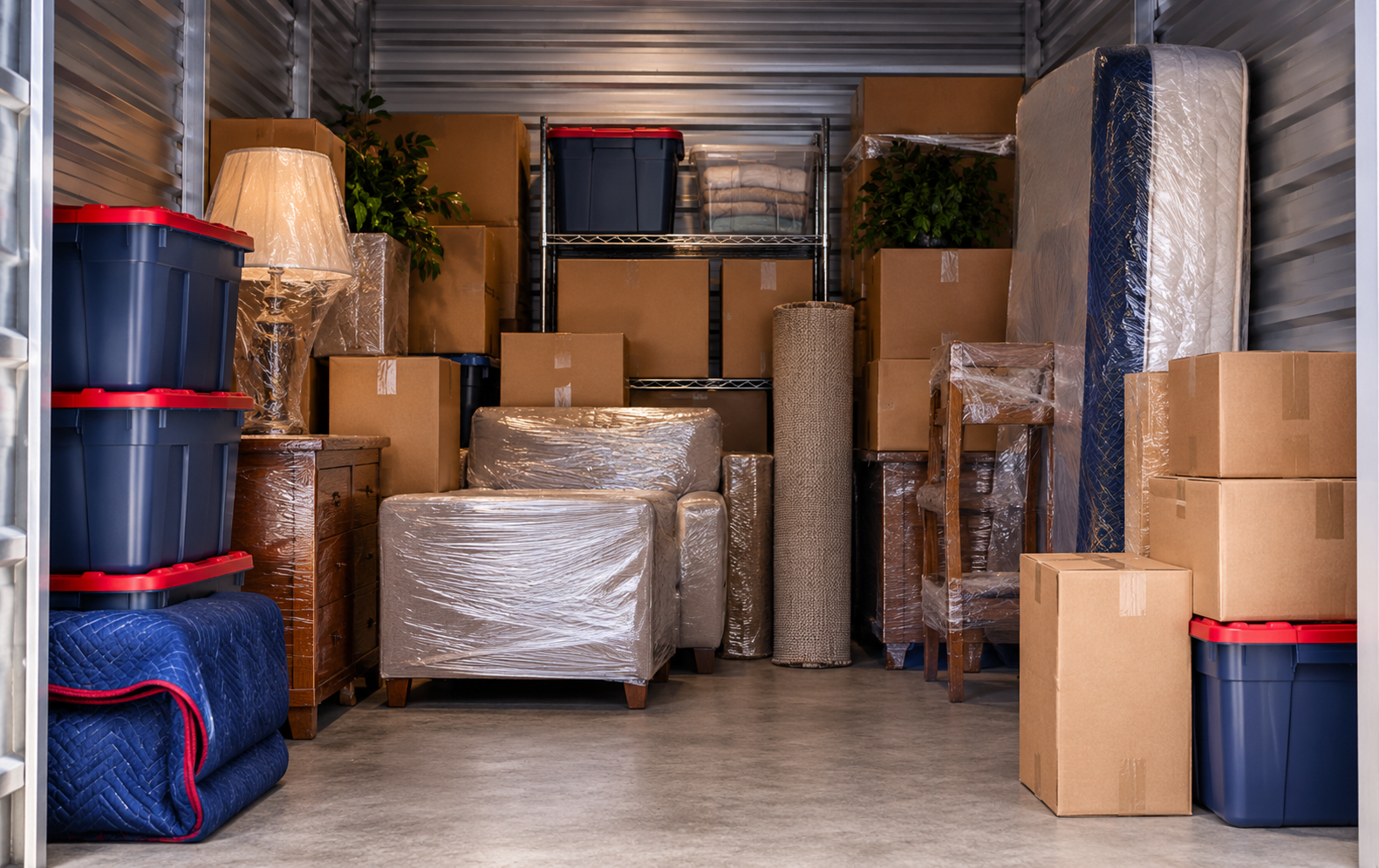 Storage unit packed with stacked cardboard boxes, plastic bins, and wrapped furniture in a warehouse.